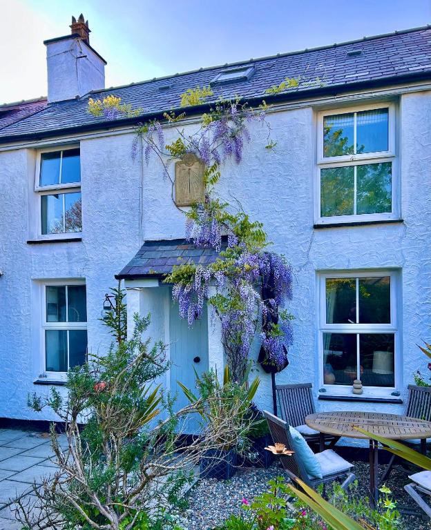a blue house with a wreath of purple flowers at Anglesey 2 bedroom stone cottage dog friendly with EV in Amlwch