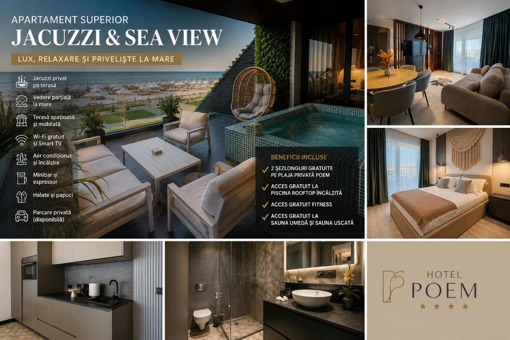 a collage of photos of a hotel room with a restaurant at Superior Jacuzzi Apartment Sea Side Terrace in Eforie Nord