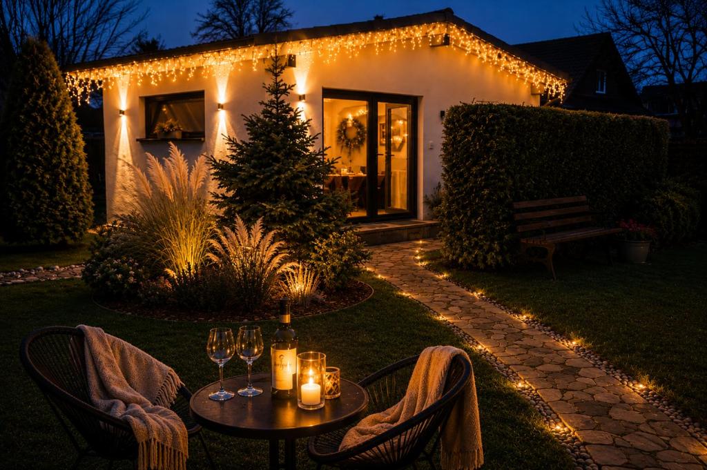 a patio with a table with wine glasses and lights at Záhradný domček pri Slovenskom raji in Smižany
