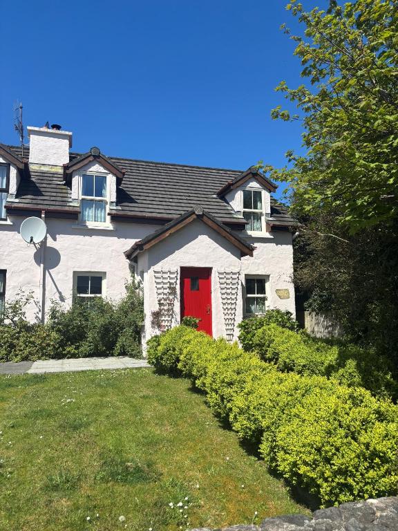 a white house with a red door and a yard at Orchard Cottage in Dingle