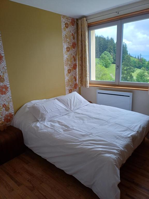 a bed in a room with a large window at Passiflore in Saint-Racho