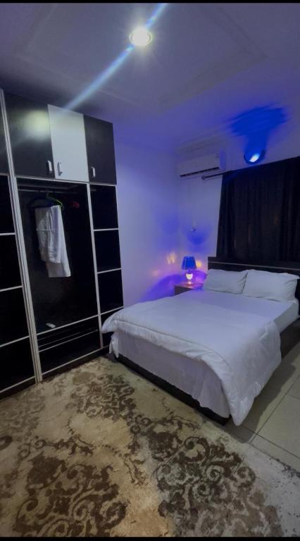a bedroom with a bed in a room with purple lighting at New Luxury in Gwarinpa