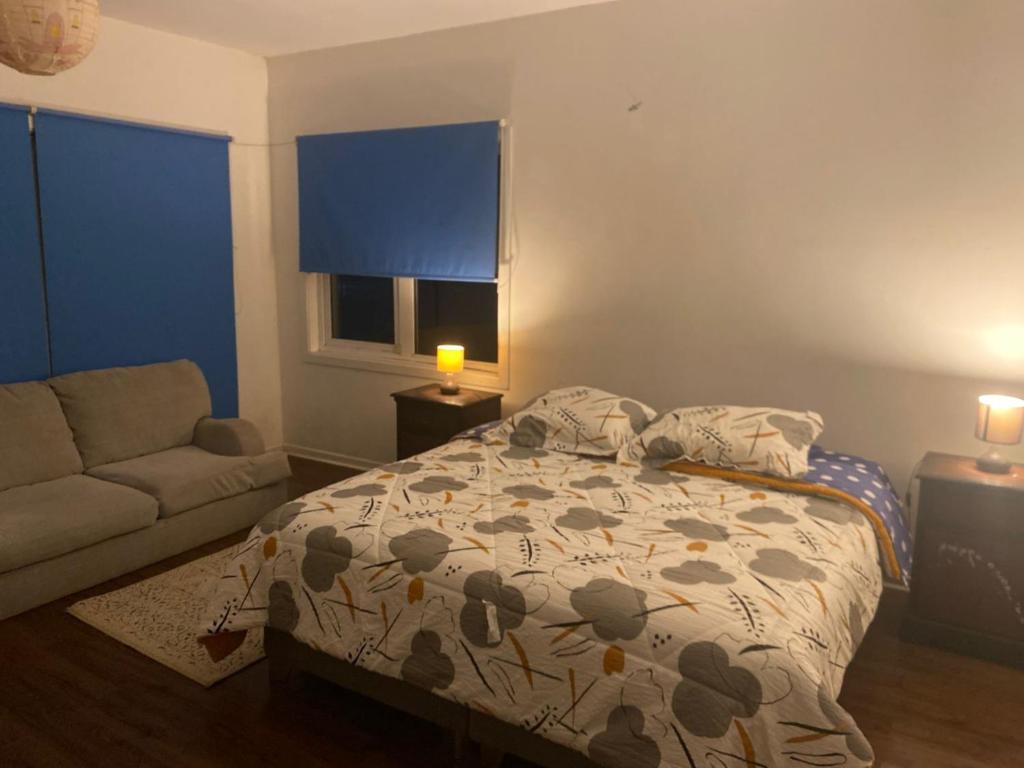 a bedroom with a bed and a couch and a window at Hostal Tour Ñuble in General Bernardo O'Higgins