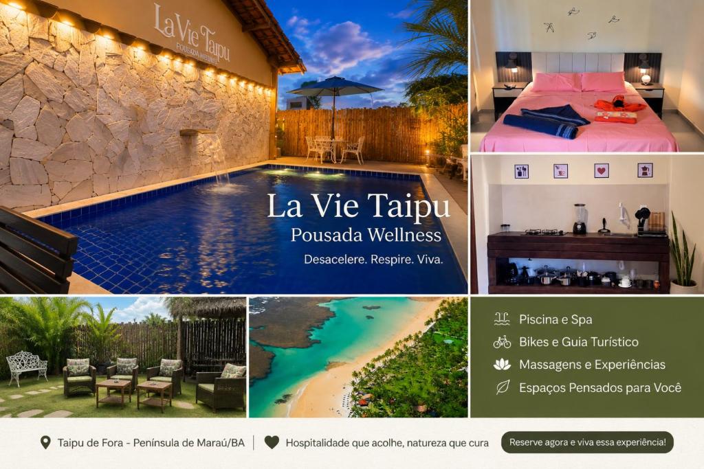 a collage of pictures of a villa with a swimming pool at Lá vie taipu in Marau