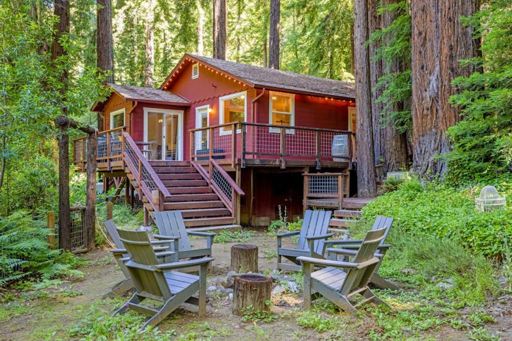 a cabin in the woods with chairs in front of it at Caz Cabin 6 in Cazadero