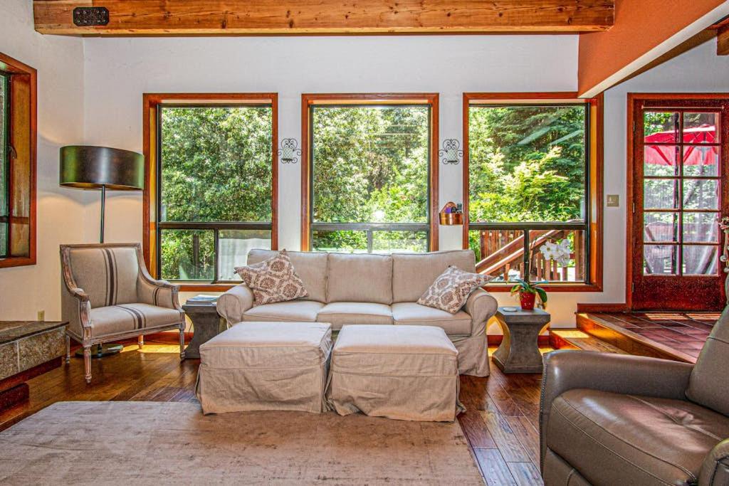 a living room with a couch and some windows at Sunrise Mountain Retreat in Cazadero