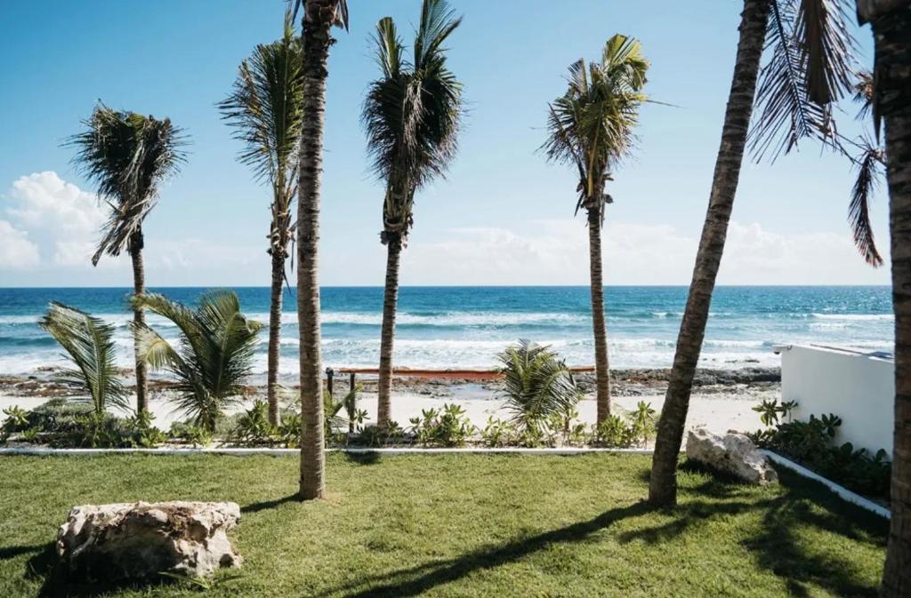 a view of a beach with palm trees and the ocean at 5BR Exclusive Beachfront Villa with Pool in Tulum in Balcheil