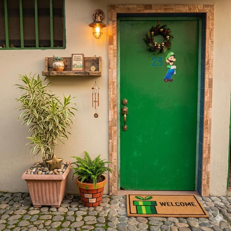 a green door with a christmas wreath on it at Apartamento en San Salvador Cuscatancingo in Cuscatancingo