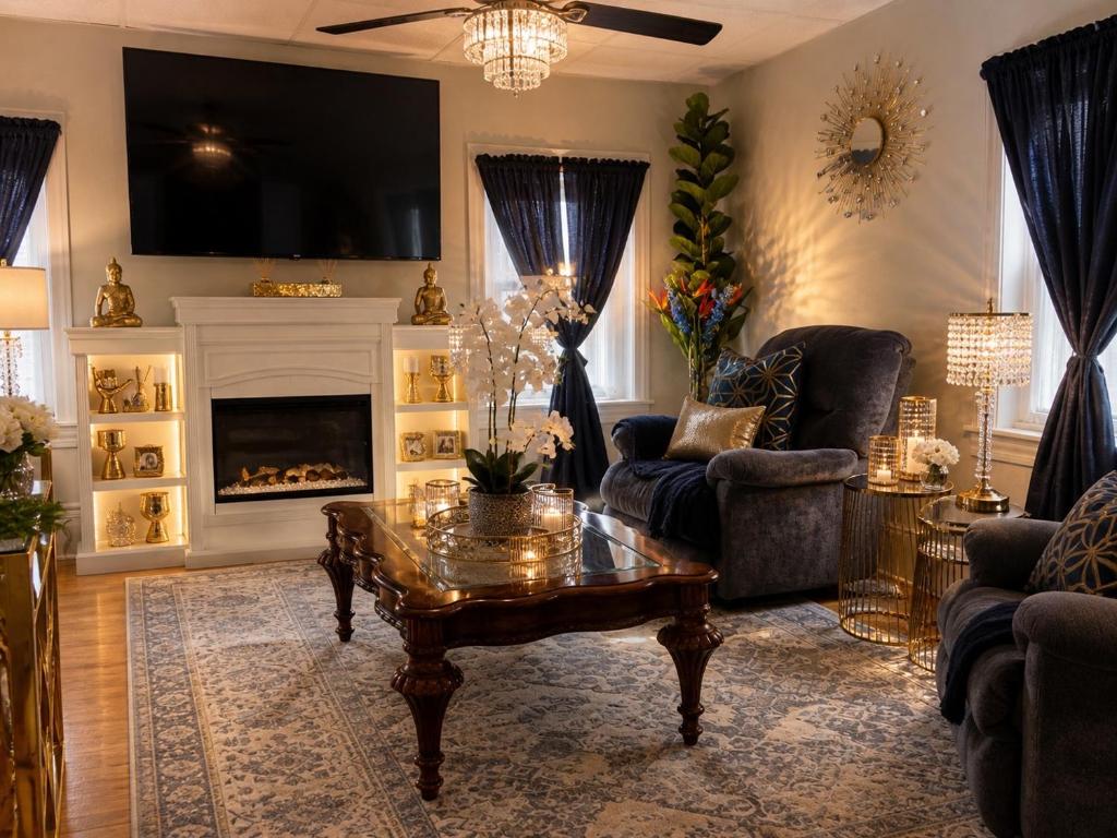 a living room with a coffee table and a fireplace at Fall River Stay Stylish 2BR Urban Haven Suite in Fall River