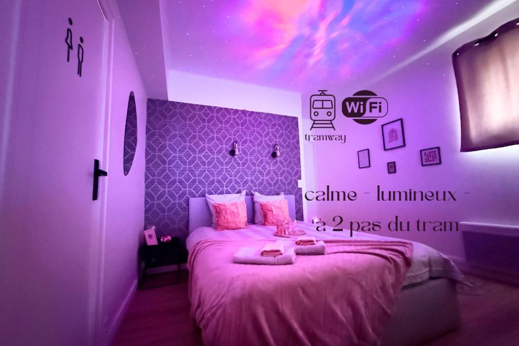 a pink bedroom with a bed with a purple ceiling at Le nid des étoiles - Tram & Centre in Dijon