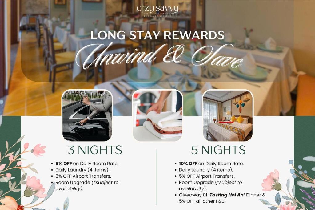 a flyer for long stay rewards around a dance at Savvy in Hoi An - The Essence of Refined Retreat in Hoi An