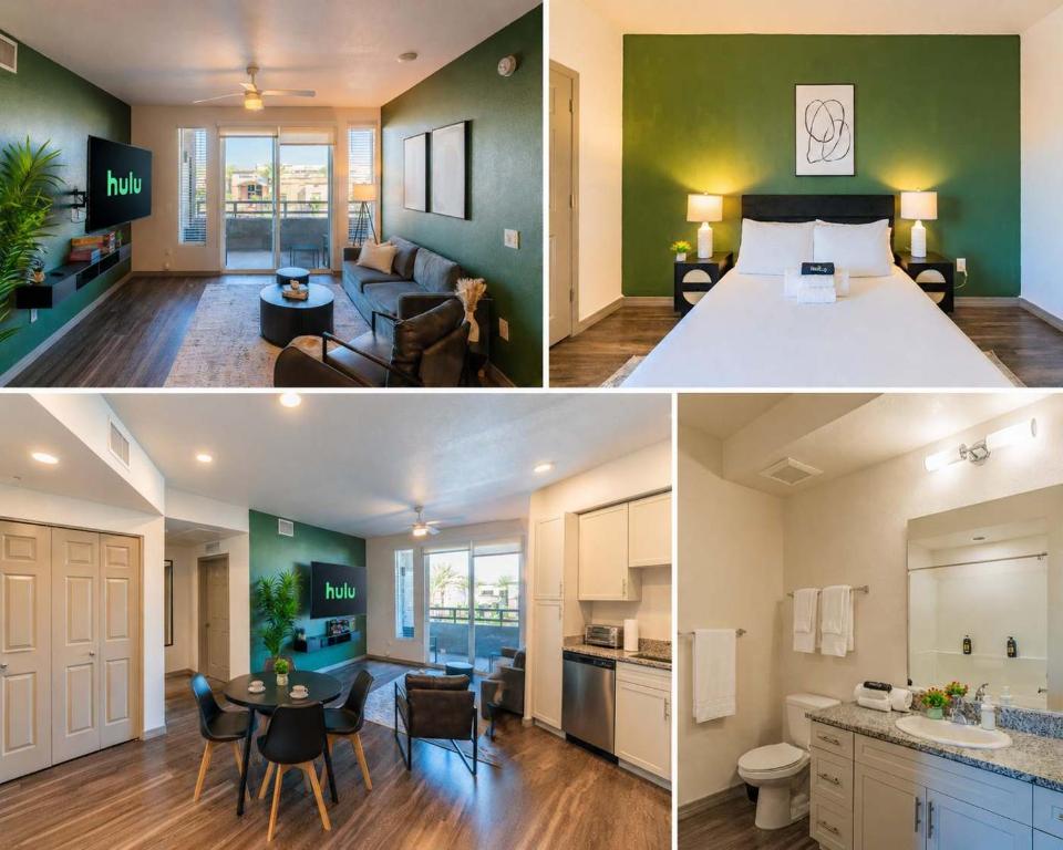 two pictures of a living room and a kitchen and a bedroom at Westgate & Stadium with BalconyPoolGymParkingWD in Glendale