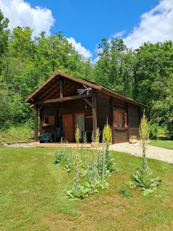 a small log cabin with a grass yard at La Roche du Moulin in Saint-Moré