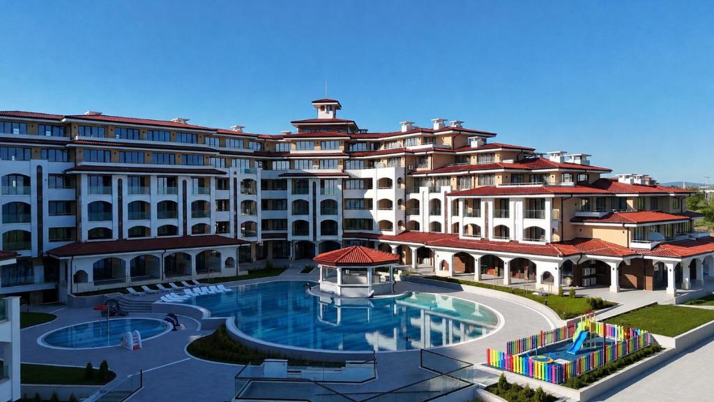a large building with a pool in front of it at SoleMare One-Bedroom Apartment in Burgas