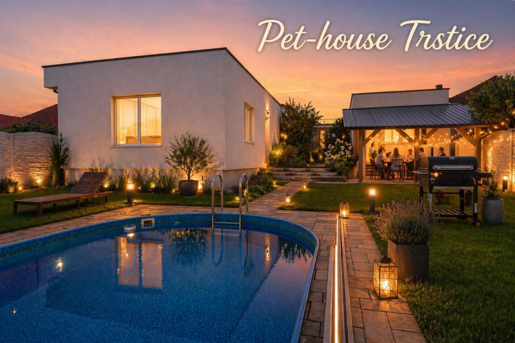 a house with a swimming pool in front of a house at Pet-house in Trstice