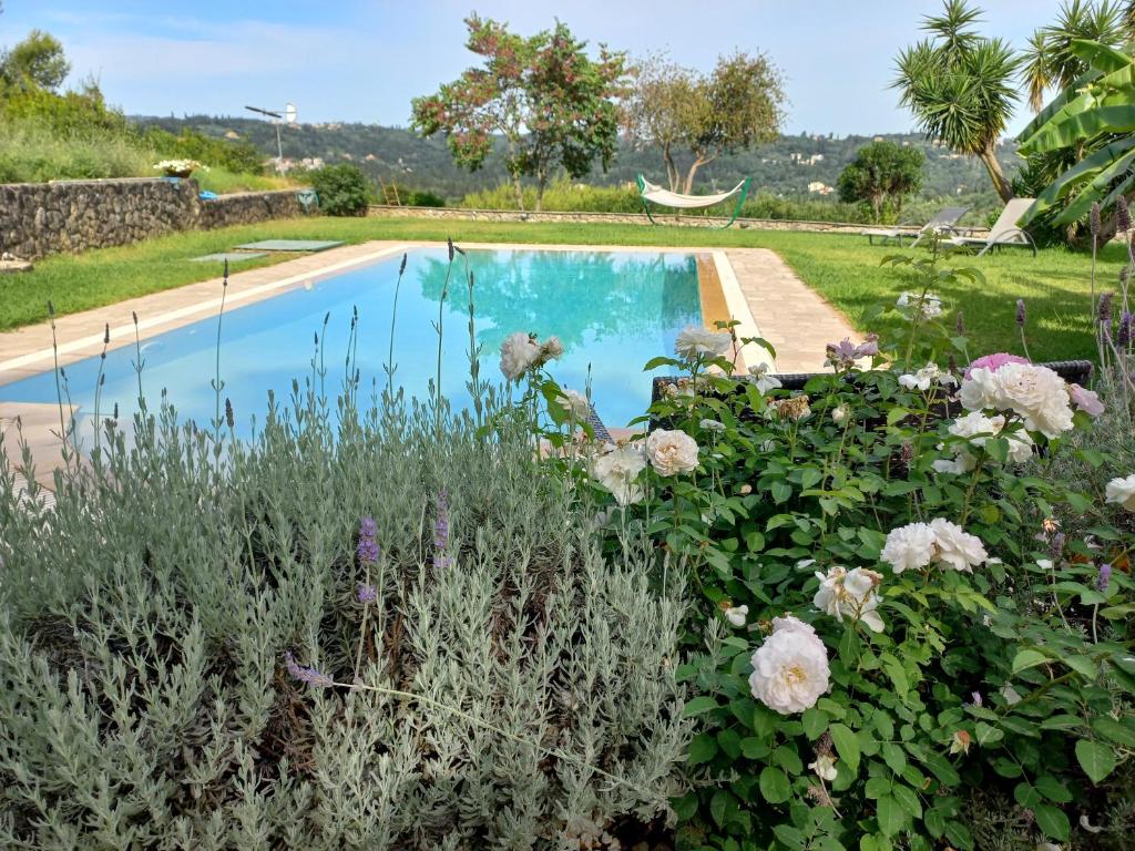 a swimming pool in a garden with flowers at Corfu Green Escape in Achílleion