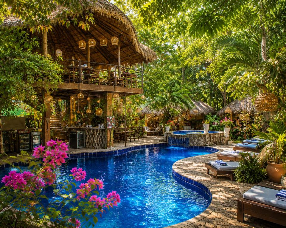 a resort swimming pool with a bar and trees at Sundaras Infinity Jungle Resort & Spa in Dambulla