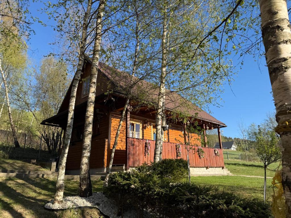 a log cabin with trees in front of it at Drevenica U Bučkov in Lutiše