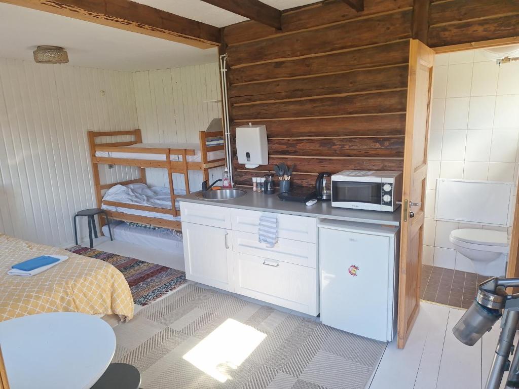 a kitchen with a sink and a microwave in a room at Karikakra Holiday in Pärnu
