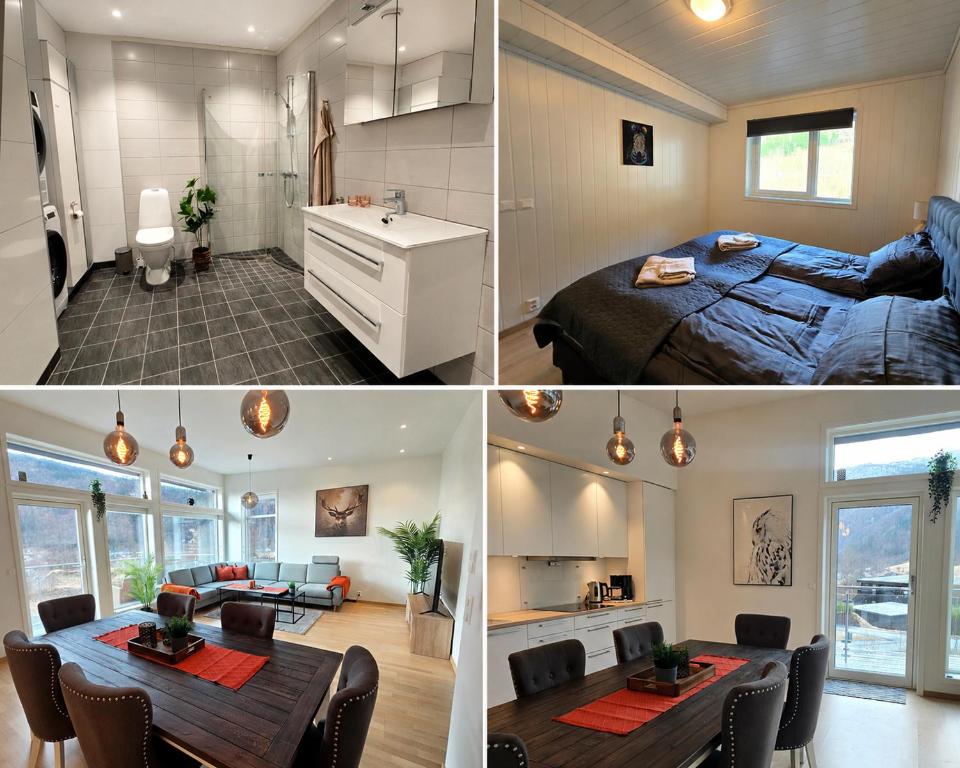 a collage of pictures of a bedroom and a living room at Hardanger Granvin Living in Granvin