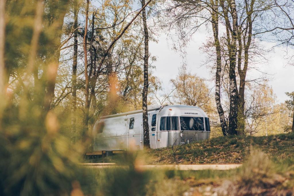 a silver airstream truck parked in the woods at Glamping Wilsumer Berge in Wilsum