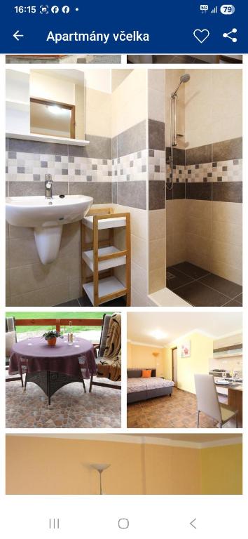 a collage of four pictures of a bathroom at Apartmány-Včelka in Trpnouze