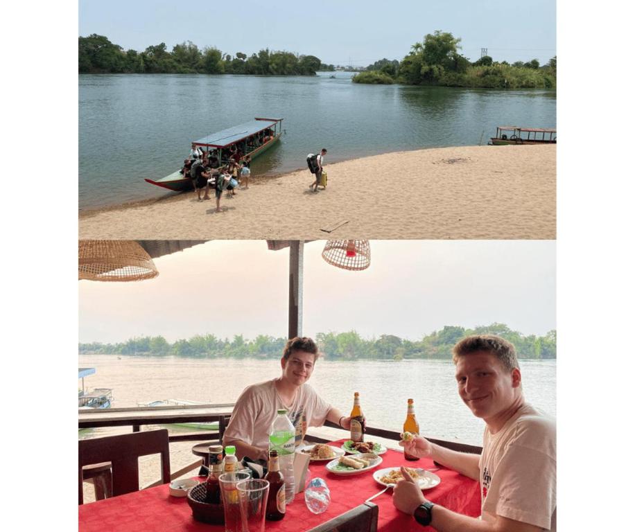 two pictures of a man sitting at a table near a river at Johnny Guesthoues and Restaurant in Ban Donsôm Tai