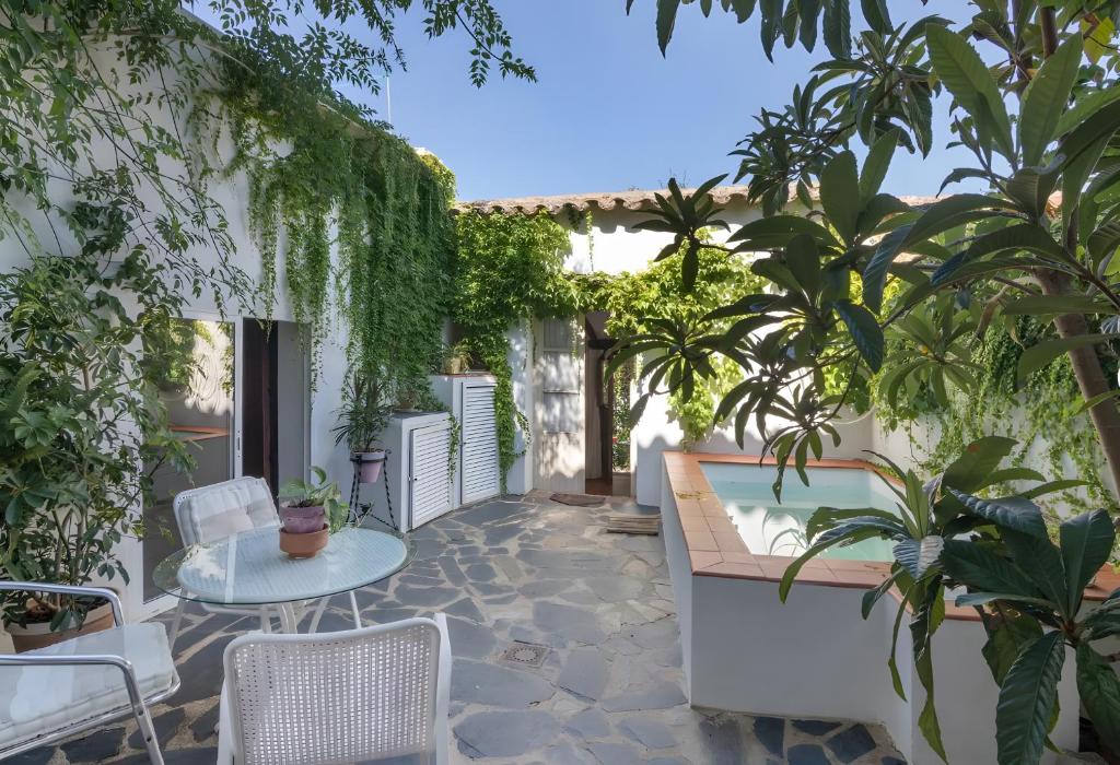a patio with plants and a table and chairs at La Rana Verde de Arriba in Los Romeros