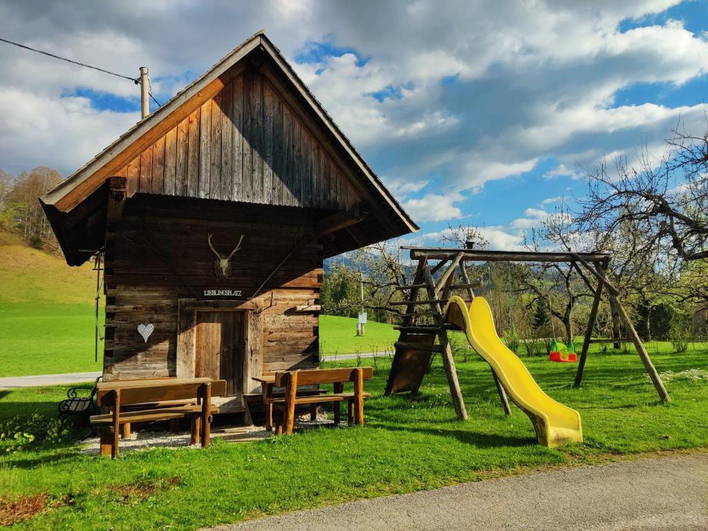 a play structure with a slide and a playground at Bio-Ferienhof Hotz in Spital am Pyhrn