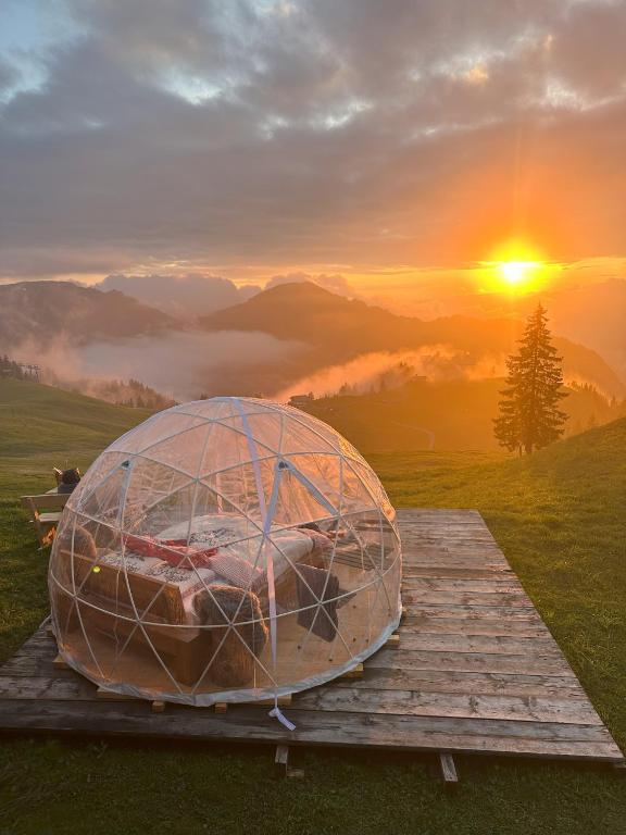a bed in an igloo on a wooden platform with a sunset at Panorama-Bubble Klewenalp in Beckenried
