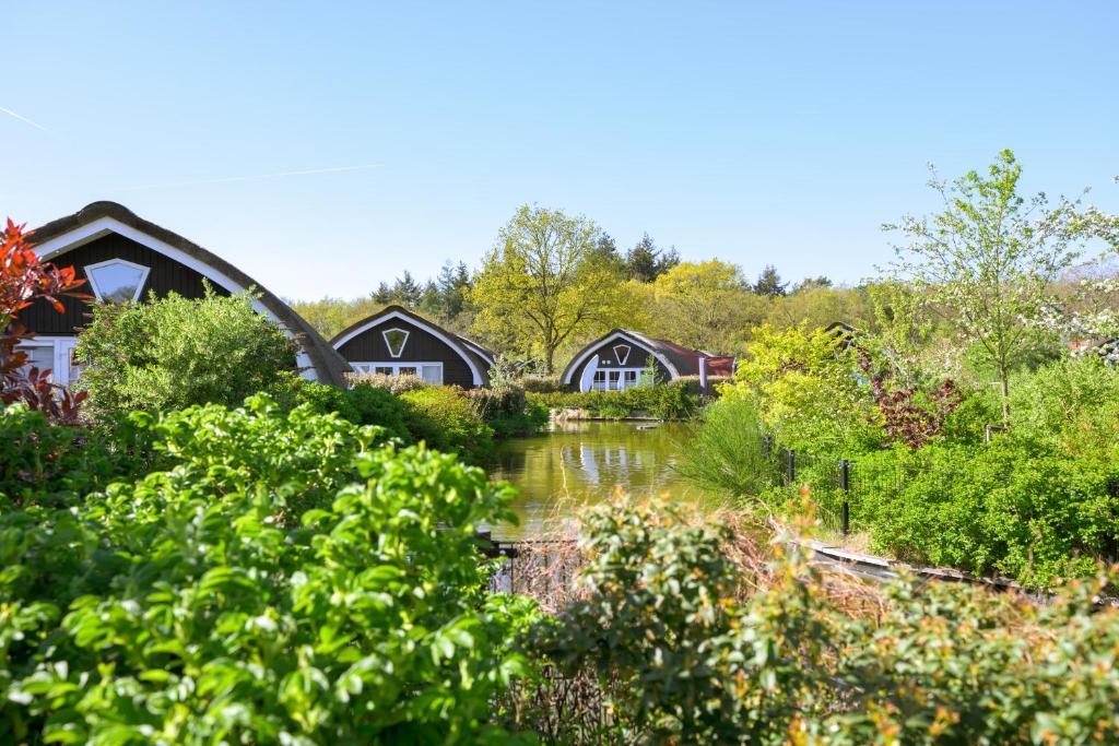 a view of a river with houses and trees at 't Landgoed Baars in Baars