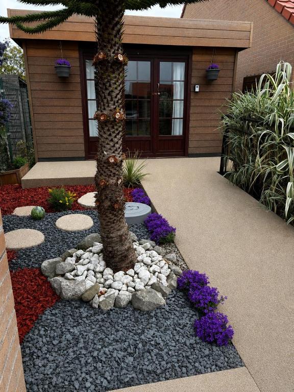 a palm tree in front of a house with flowers at Logement avec clim - thé, café et choco dispo in Oye-Plage