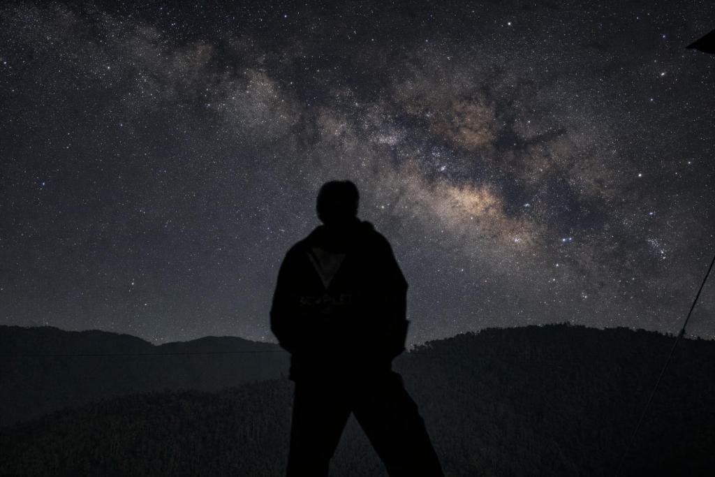 a man is looking up at the night sky at Tent-It India Experiences in Mukteshwar