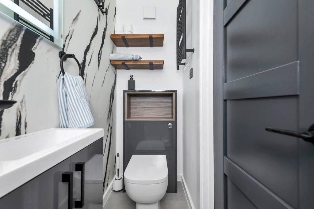 a small bathroom with a toilet and a sink at Modern Cambridge North Flat in Milton
