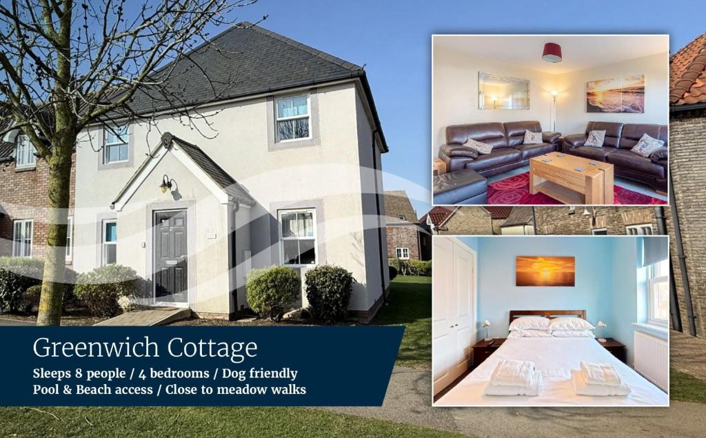 a collage of photos of a house at Greenwich Cottage - Part of the The Bay Filey Holiday Village with pool, gym and direct beach access, pub, restaurant, tennis and meadows walks in Reighton