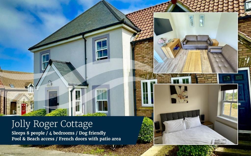 a collage of pictures of a house at Jolly Roger Cottage - Part of the The Bay Filey Holiday Village with pool, gym and direct beach access, pub, restaurant, tennis and meadows walks in Filey