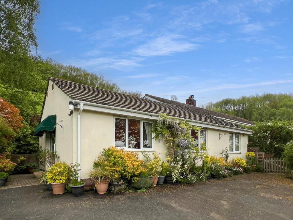 a house with potted plants in front of it at Exmoor View Wootton Courtenay in Minehead