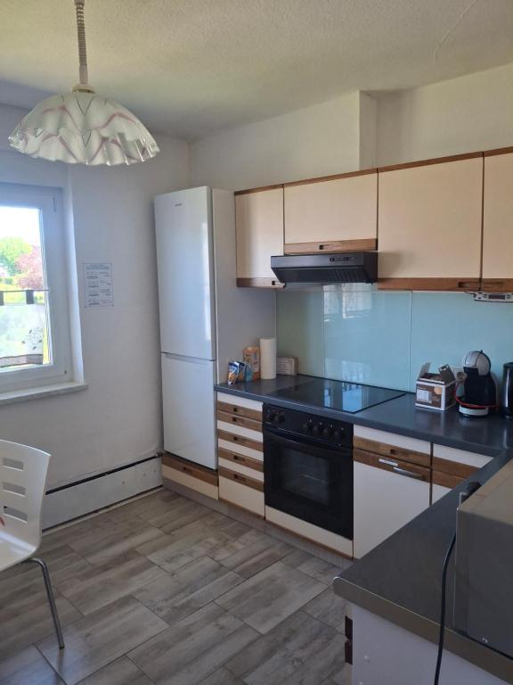 a kitchen with a white refrigerator and a stove at Haus Tanja in Neckarbischofsheim