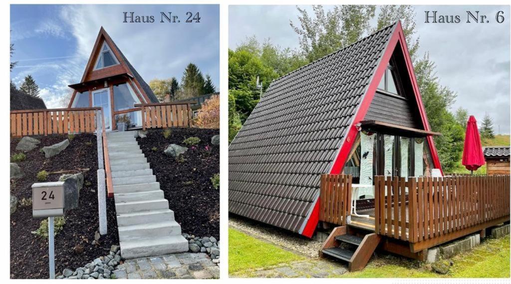 a small house with a staircase and a steep slope at Ferienhäuser 6 & 24 in Freyung