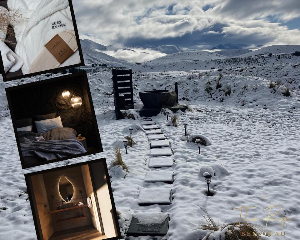 a collage of pictures of a snow covered field with a bed and stairs at The Rise, Ben Ohau in Twizel