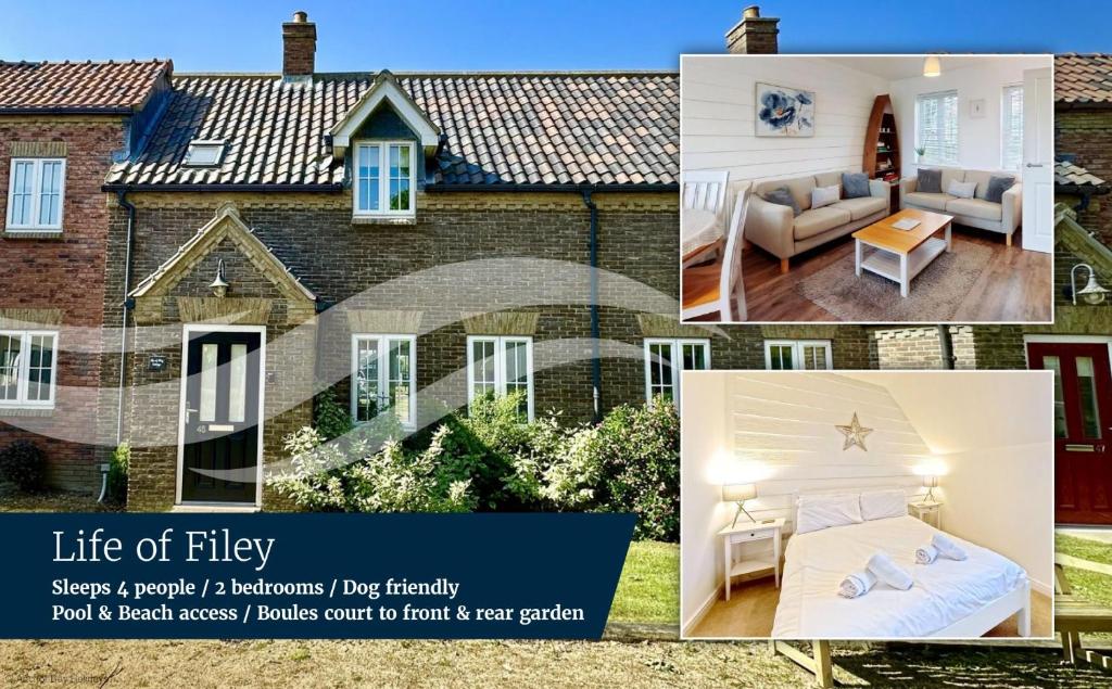 a collage of pictures of a house at Life of Filey - Part of the The Bay Filey Holiday Village with pool, gym and direct beach access, pub, restaurant, tennis and meadows walks in Reighton