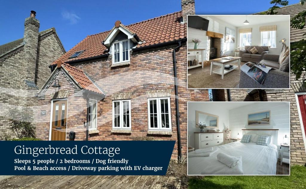 a collage of photos of a house at Gingerbread Cottage - Part of the The Bay Filey Holiday Village with pool, gym and direct beach access, pub, restaurant, tennis and meadows walks in Filey