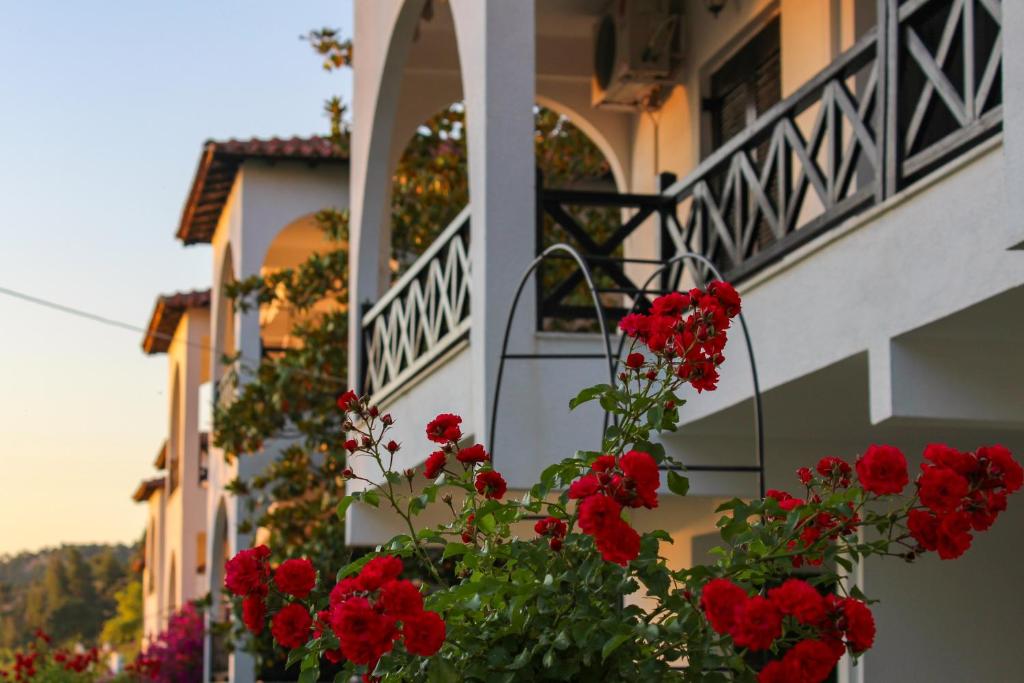 a bunch of red flowers on the side of a building at Anthema Apartments in Kalogria