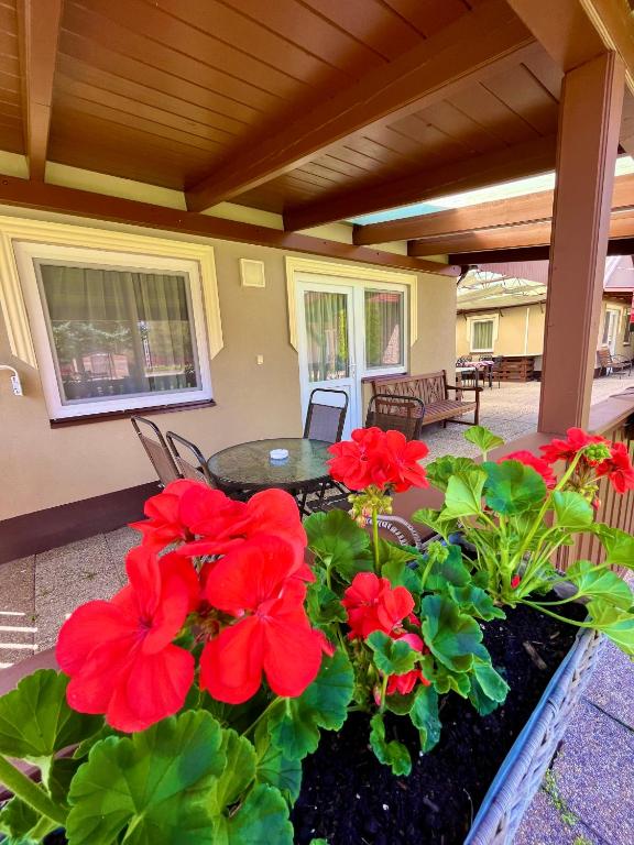 a patio with red flowers and a table at Harmónia faházak in Bogács