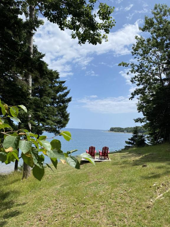 two chairs sitting on the grass near the water at GIFFORD Island Getaway - Just You and Nature in Mahone Bay