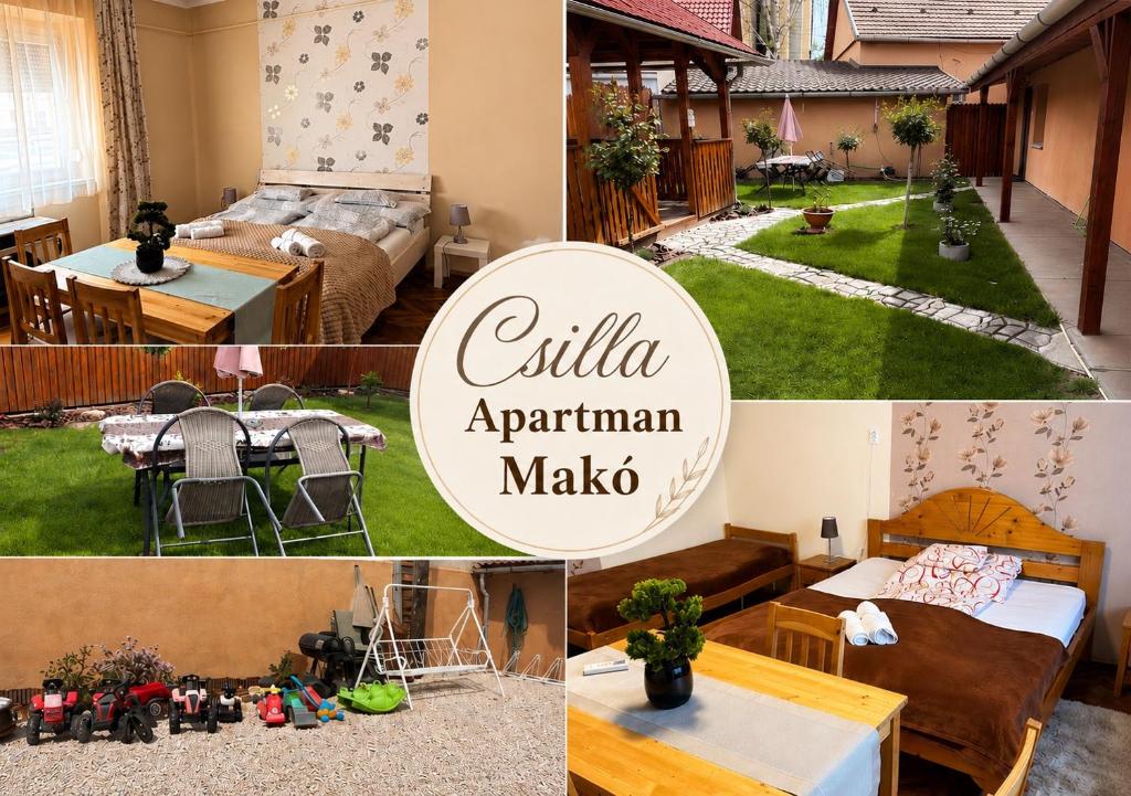 a collage of photos of a living room and a house at Csilla Apartman in Makó