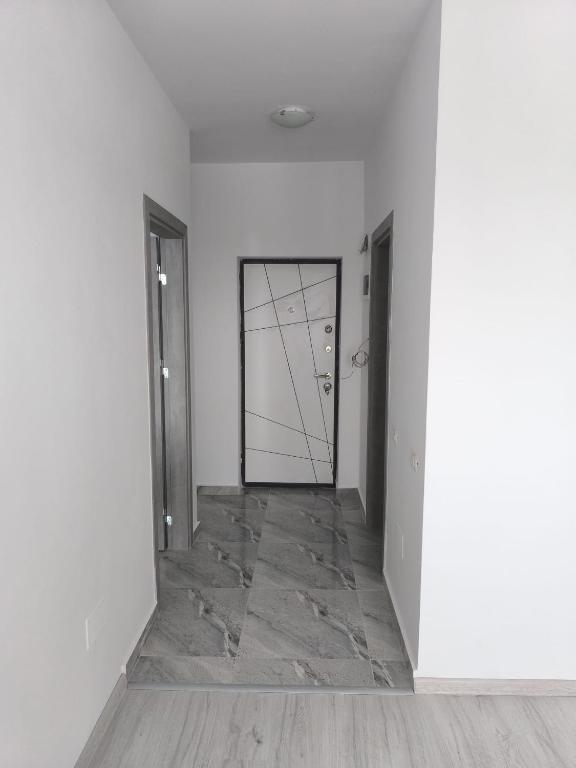 an empty hallway with a door in a building at Garsoniera in Roşu