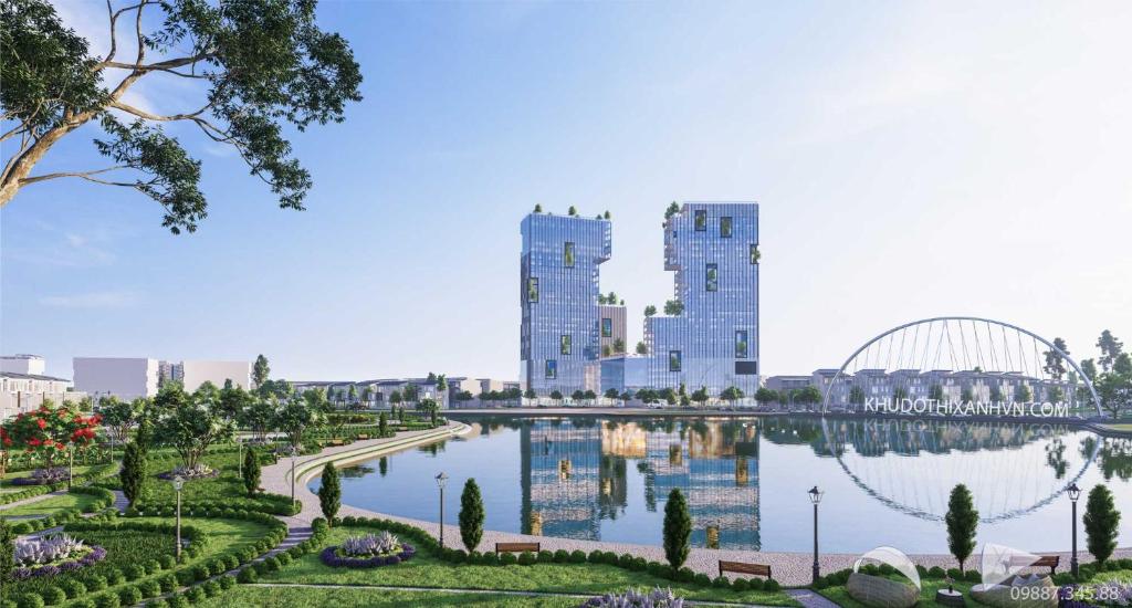 an architectural rendering of a city with a river and buildings at Maison Joie Ecopark Lighthouse Ecorivers Hải Dương in Hải Dương