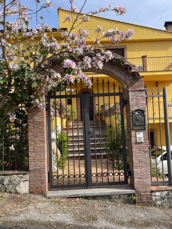 an iron gate in front of a house with pink flowers at Villa Orchidea in Praia a Mare