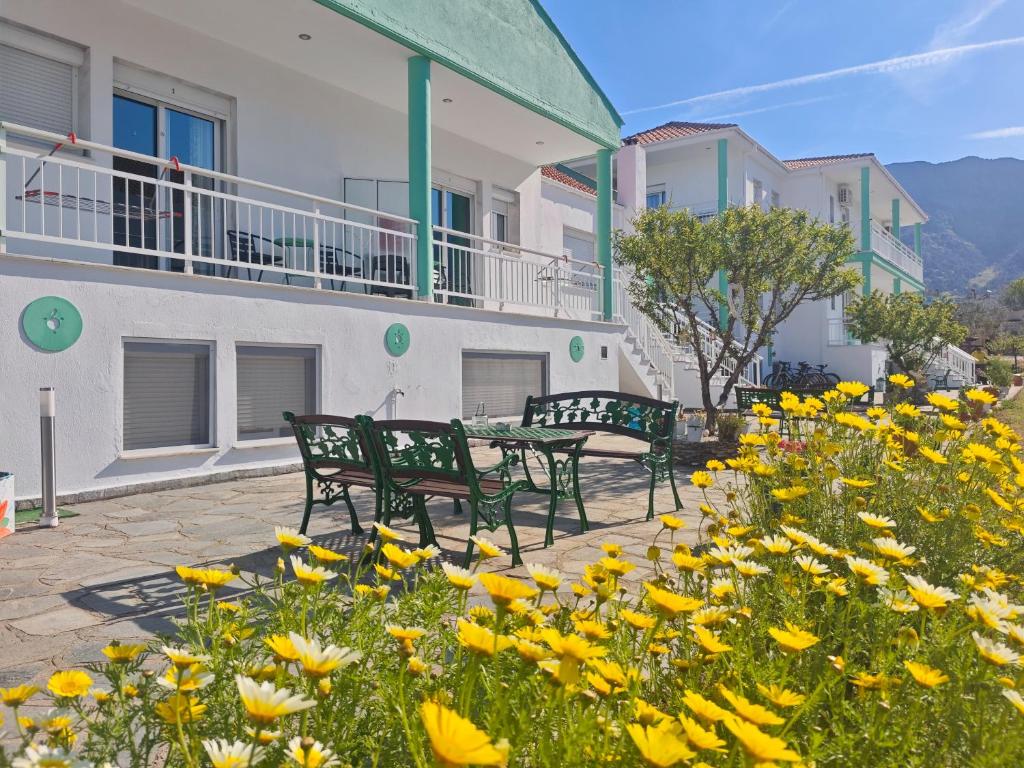 two benches and flowers in front of a building at Menta Studios in Skala Potamias